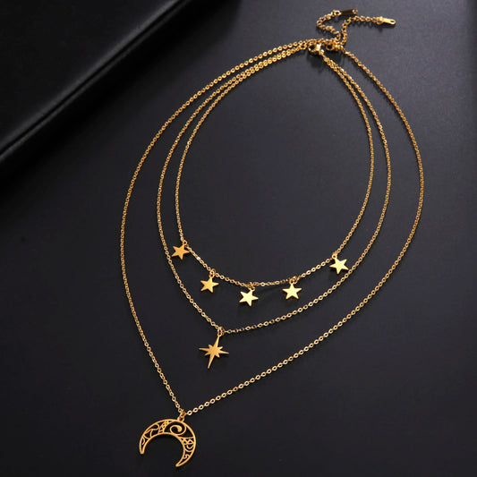 Teamer Three Layer Witchy Necklace for Women Star Moon Stainless Steel Necklaces