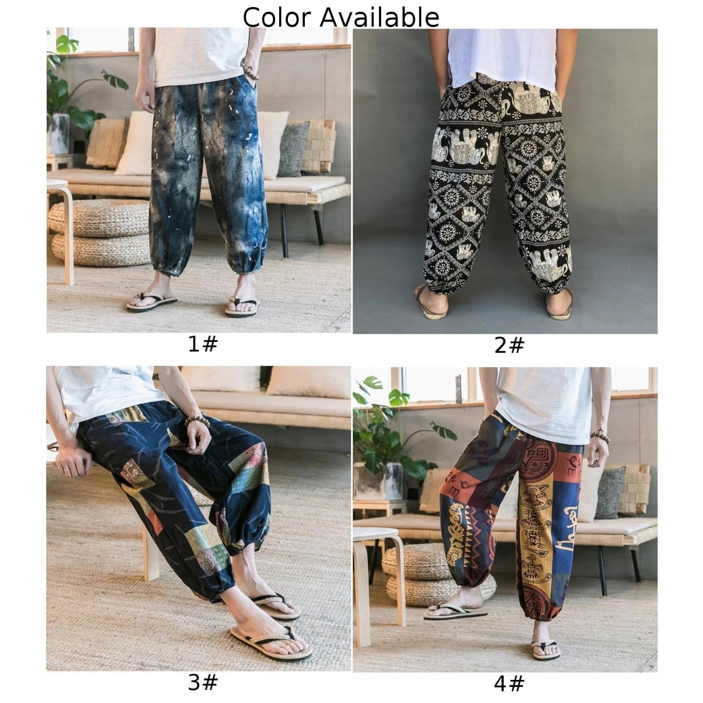 Beach Style Thai Lantern Pants Wide Leg Pant Drawstring Elastic Waist Totem