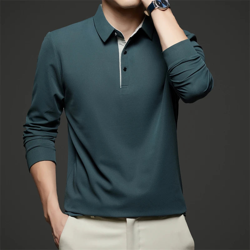 New Men's Business Casual  Long Sleeve Solid Color Polo Shirt Fashionable Warm Comfortable Four Seasons Versatile Top