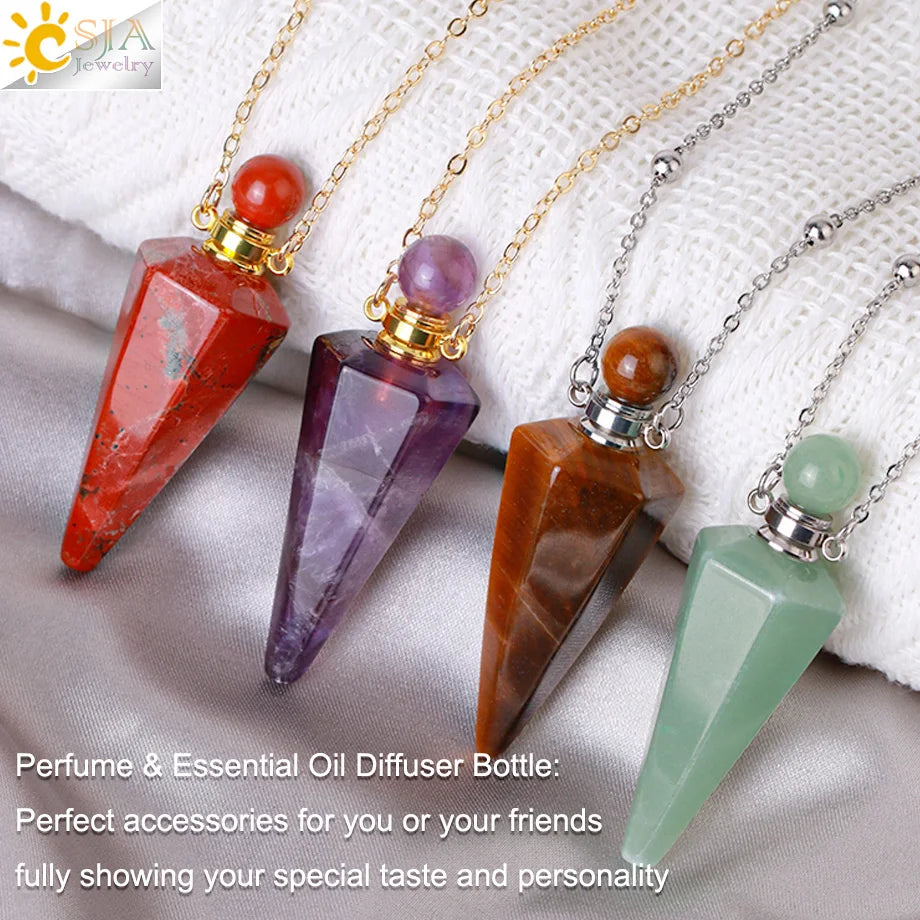Natural Stone Cone Perfume Bottle necklace Healing Clear Quartz Crystal Pendant Reiki Essentials Oil Diffuser Vial Necklace H119