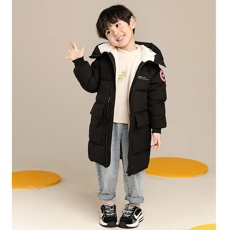 2-10 Years Autumn Winter Boys Jacket Solid Color Long Style Keep Warm Hooded Coat