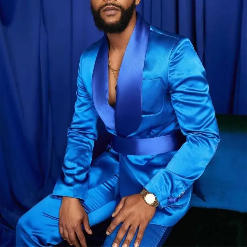 Tuxedo for Mens: Italian Suits for Men Satin Slim Fit Royal Blue Shiny Groom Prom