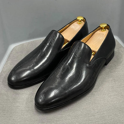 Italian Style Men Loafers Shoes Handmade Letter Print High Quality Genuine Leather Dress Shoes for Men Business Formal Shoes