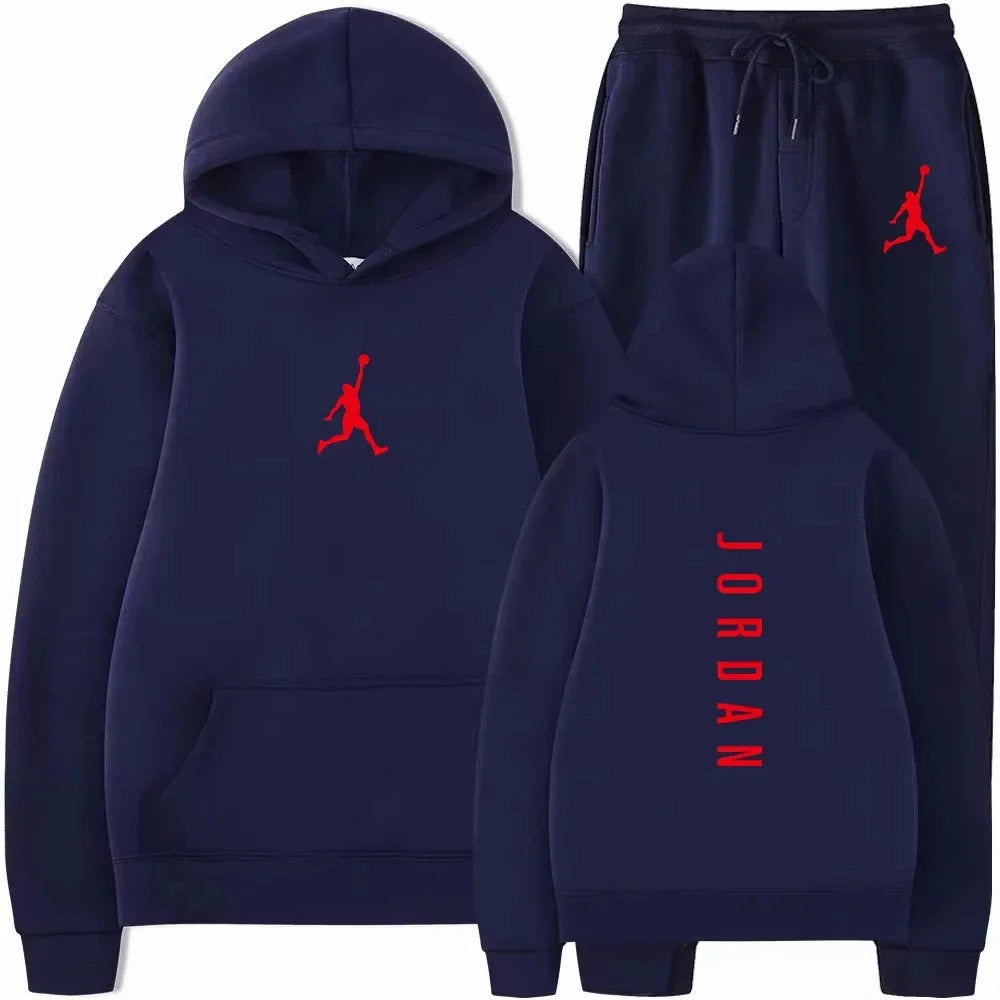 Men's pullovers for autumn and winter, solid-color hoodie + stretch waist jogging pants two-piece set, fashionable outdoor casua