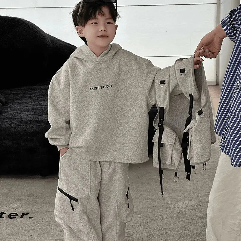 Fashion Boys Suits spring Autumn Pocket Letter Pullover Hooded Top+ Loose Pants 3pcs Kids Sets Casual Sportwear Handsome Clothes