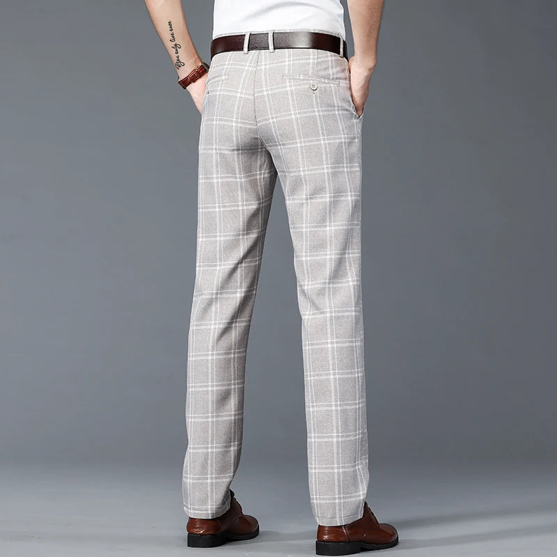Plaid Work Stretch Pants Men Business Fashion Straight Grey Blue Casual Pant Male