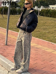 Y2K Women Leopard Print Jeans Trousers Fashion Casual Loose Wide Leg Pants