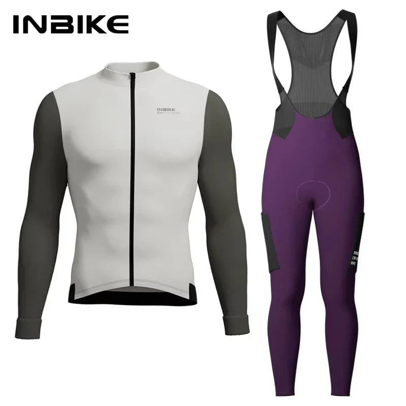 INBIKE Winter Cycling Clothing for Men Fleece Cycling Sets Long Sleeve Jersey with Pockets Long Bicycle Bib Pants for Road Bikes