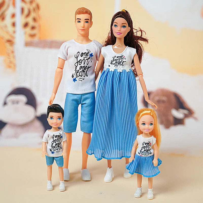 1/6  FamilyDoll Toy Set of 4 People Mom Dad Kids 30cm Barbies Doll Full Set With Clothes for Education Birthday Gift
