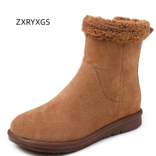 ZXRYXGS 2022 Top Frosted Cowhide Boots Comfort Warm Snow Boots Woman Large Size Flat Boots Women Cotton Boots Winter Shoes Tide