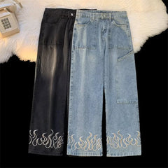 Y2K Printed Jeans For Men Baggy Streetwear Wide Leg Denim Trousers