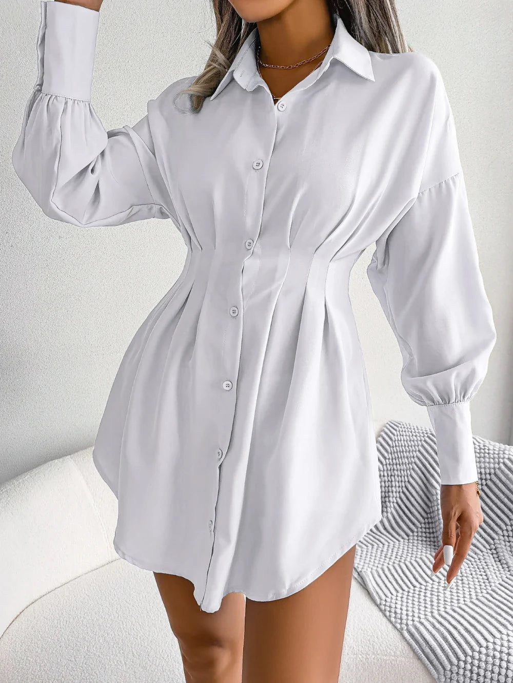 Women Casual Buttons Long Sleeve Shirt Dress Autumn 2026 Solid Color Lapel Mini Dress White Blue Army Green Woman Clothing