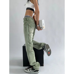 Women's Green Jeans Vintage Washed Multiple Pockets Wide Leg Pants