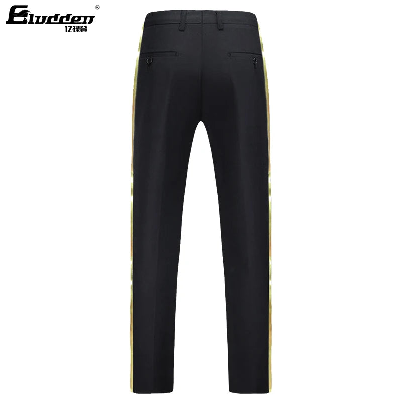 Men's black suit pants Gold leather trim Casual Male Formal Business Office Pants