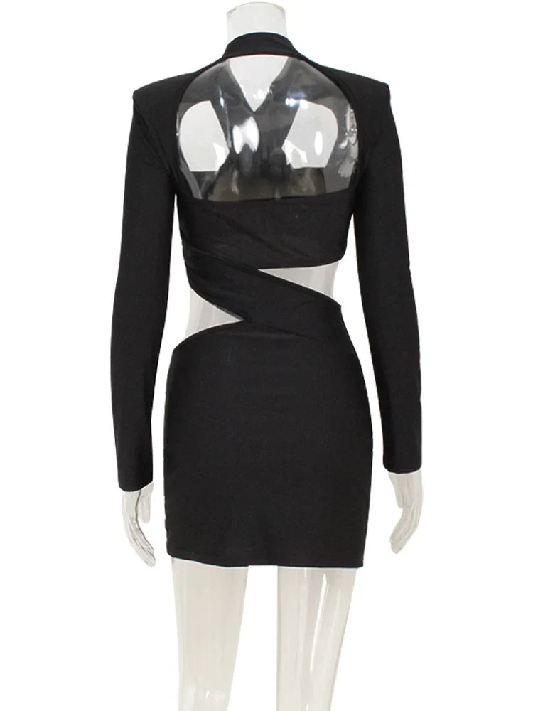 CNYISHE Hollow Out Solid New Sytle Hip Wrap Outfits Women Dresses Long Sleeve V Neck Fashion Party Sheath Lady Female Evening