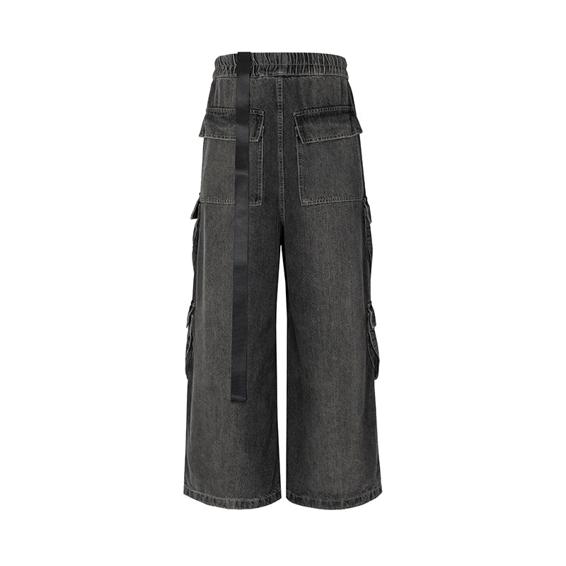 RO Style Ribbons Wide Leg Multi-Pockets Smoke Grey Baggy Jeans for Men Straight