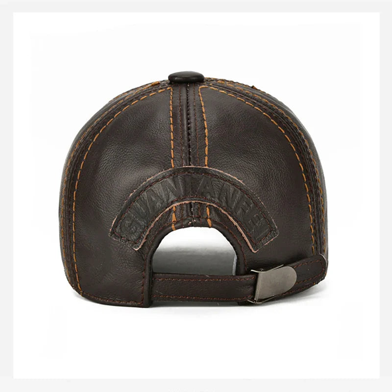 Men Real Cowhide Leather Earlap Caps Male Fall Winter 100% Real Cow Leather Hats New Casual Real Leather Outdoor Baseball Cap