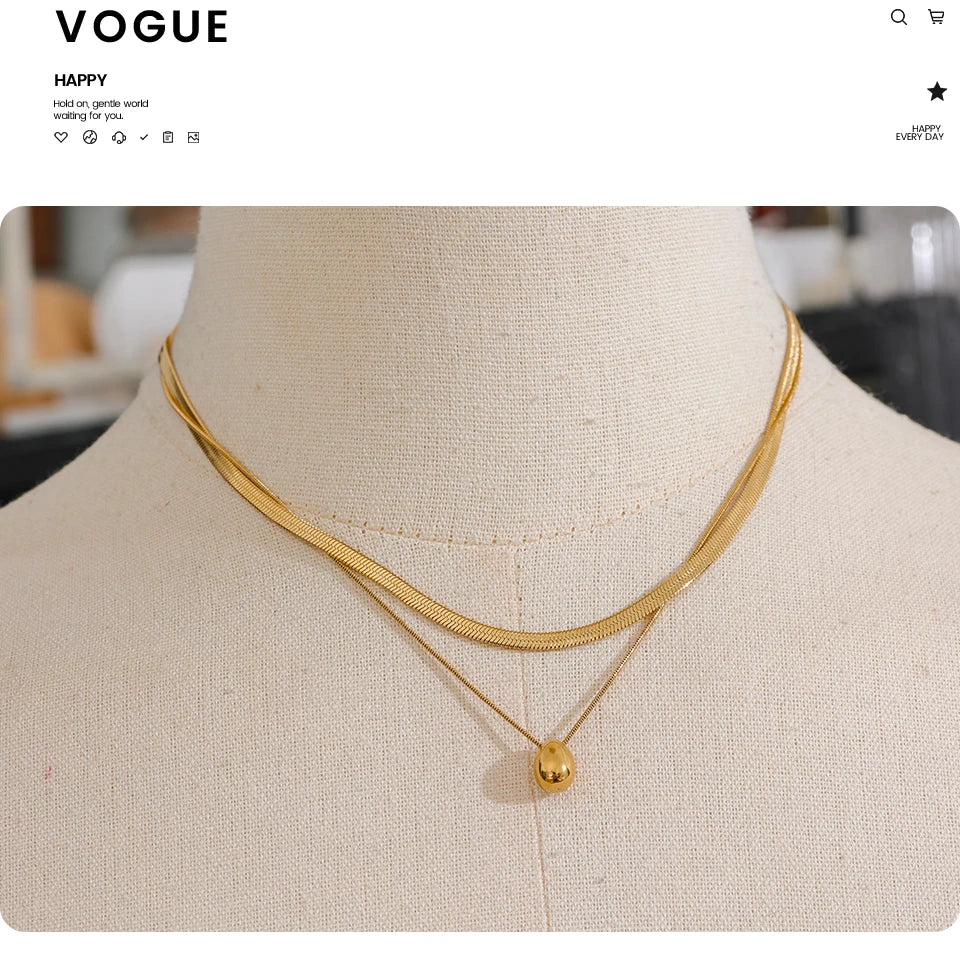 Yhpup Snake Chain Double Layer Stainless Steel Water Drop Pendant Necklace for Women Statement 18k Gold Color Jewelry Waterproof