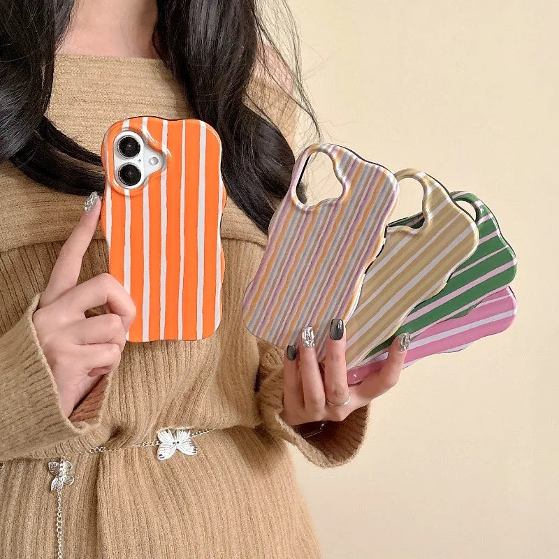 Fashion 2 in 1 Glossy Stripes Phone Case For IPhone 16 15 14 13 Pro Max Comfortable Touch Wave Edges Hard Slim Back Cover Shell