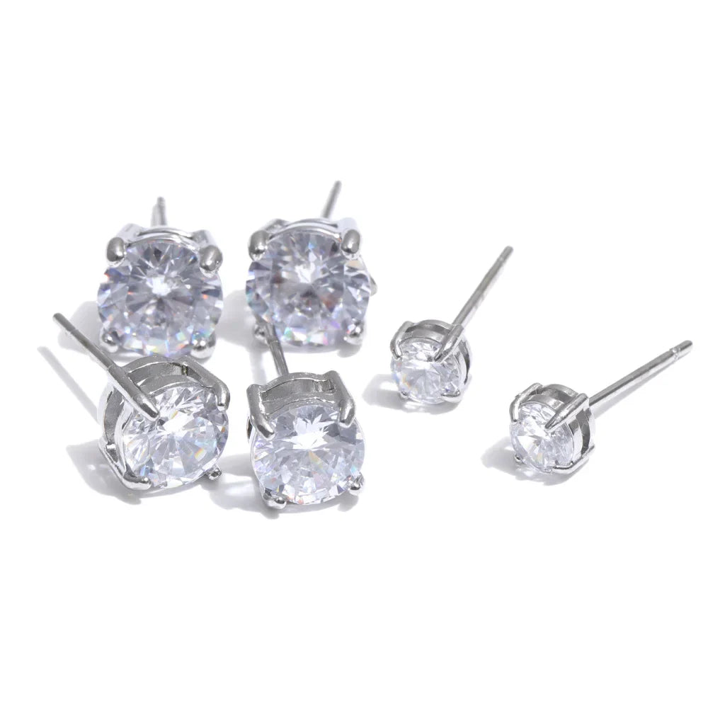 Yhpup 1Set High Quality Shiny Cubic Zirconia Round Stud Earrings Daily Stainless Steel Versatile Premium Jewelry Party Gift