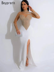 Evening wear Dresses: Sparkle See-Through Mesh Pearls Diamonds Long Maxi Dress