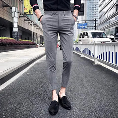 Business Man Suits Pants Striped Gray Trousers for Men Social Tailoring Spandex Up Vintage Korean Style Clothes