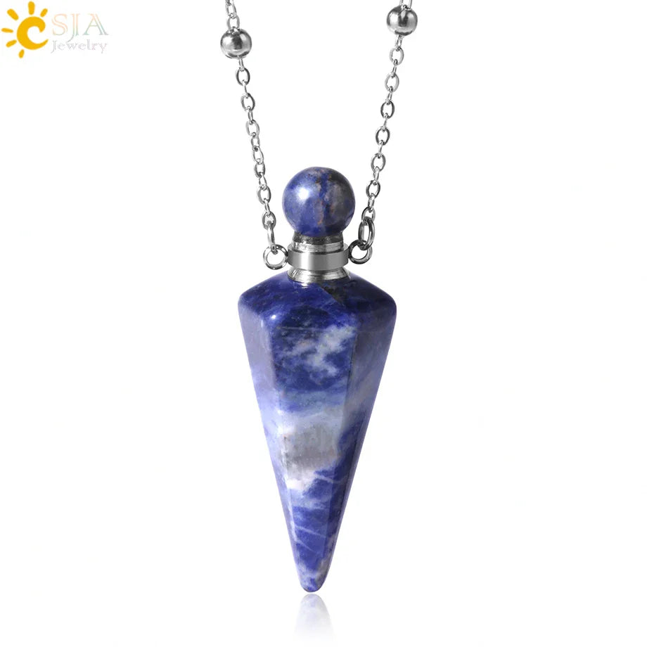 Natural Stone Cone Perfume Bottle necklace Healing Clear Quartz Crystal Pendant Reiki Essentials Oil Diffuser Vial Necklace H119