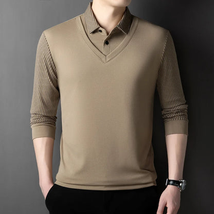 2025 New Men's Casual and Fashionable Long Sleeved Solid Color Fake Two-piece Polo Shirt Business All Season Versatile Top