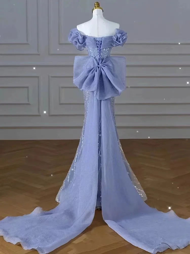 Homecoming Dresses: Evening Dresses Blue Bowknot Sweep Train Bodycon