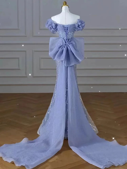 Homecoming Dresses: Evening Dresses Blue Bowknot Sweep Train Bodycon