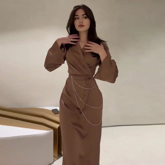 Spring V-neck Elegant Satin Women Party Dress Fashion High Waist Chains Design Long Dress Autumn Long Sleeve Straight Maxi Dress