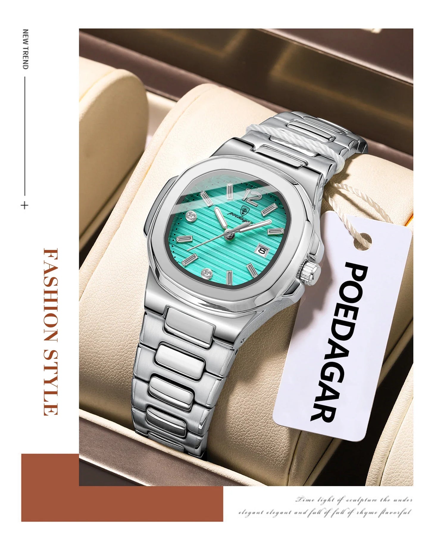 POEDAGAR Square Luxury Ladies Wristwatch Luminous Waterproof Stainless Steel Date Watch For Woman Fashion Quartz Women's Watches