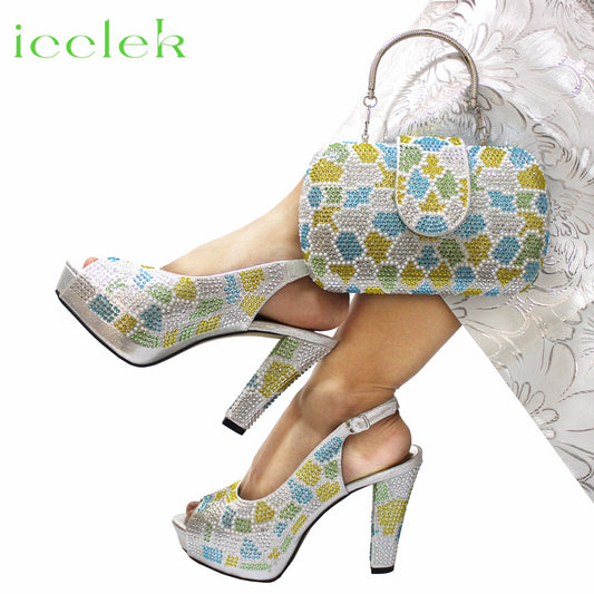 2023 New Arrival Silver Color Peep Toe Women Sandals Shoes Matching Bag Set For Ladies Wedding Party Pump