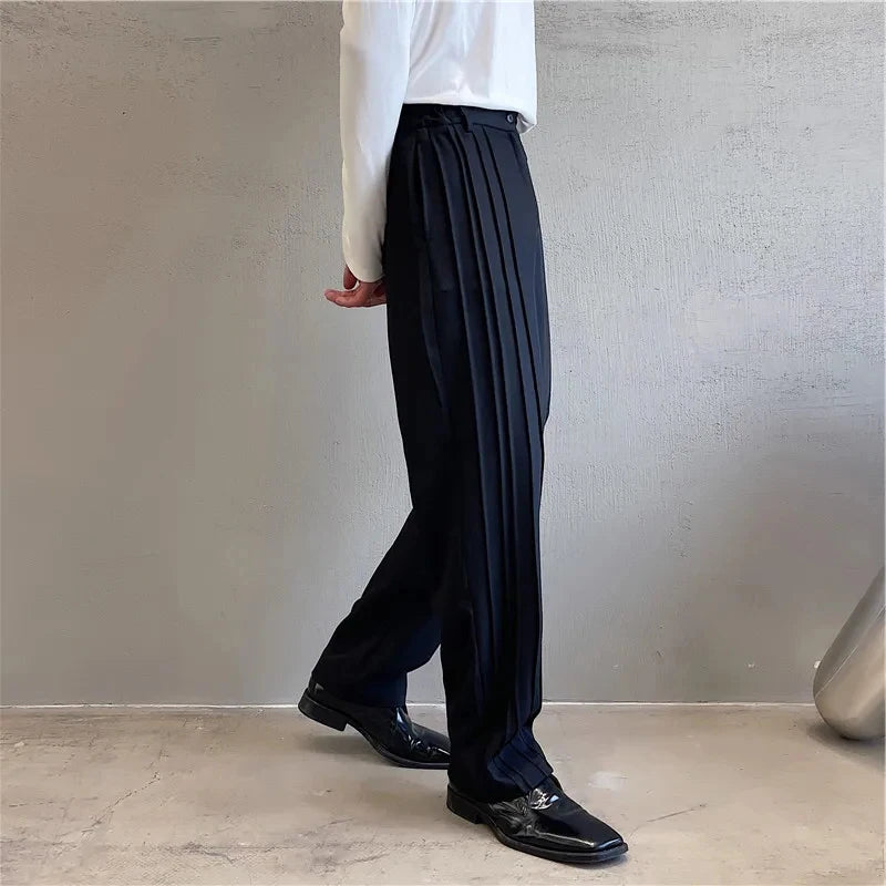 Pleated Splicing Design Casual Suit Pants Men's Stylish Stretch Waist Trendy