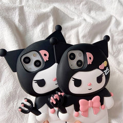 For iPhone X XS XR 11 12 Pro 13 14 Plus 15 Pro Max 13 Pro 3D Kawaii Dark Kuromi Style Cartoon Silicon Soft Phone Case Cover