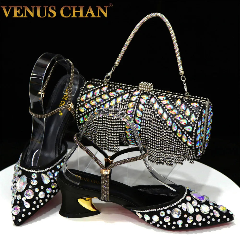 Venus Chan 2023 Newest INS Style Lace Elegant High Heels Pointed-Toe Nigeria Popular Design African Ladies Shoes And Bag Set
