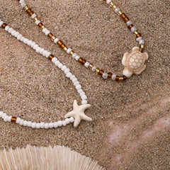 Layered Small Seed Beads Chains with Starfish Turtle Choker Necklace for Women