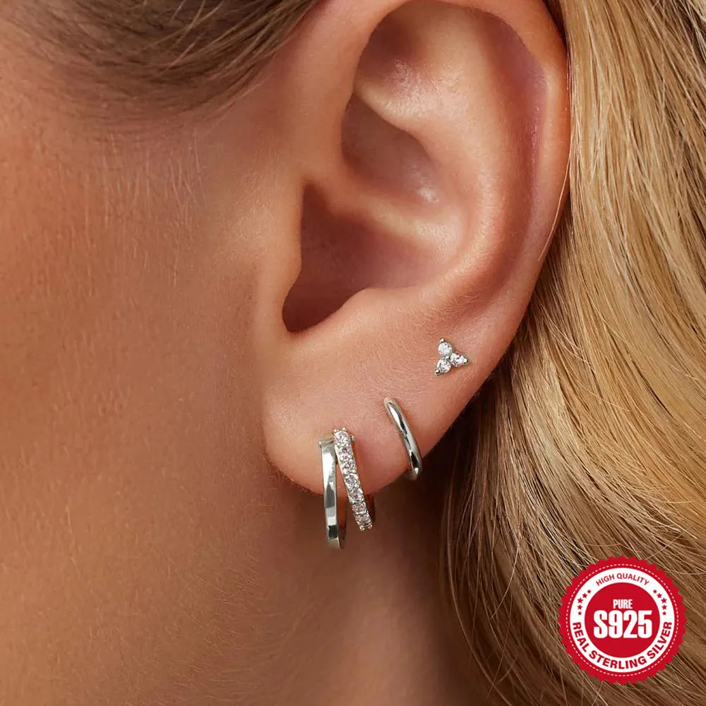 CANNER 925 Sterling Silver 3PCS Zircon Double Layer Hoop Earrings For Women Minimalism Ins Earrings Fine Jewelry Party Gift
