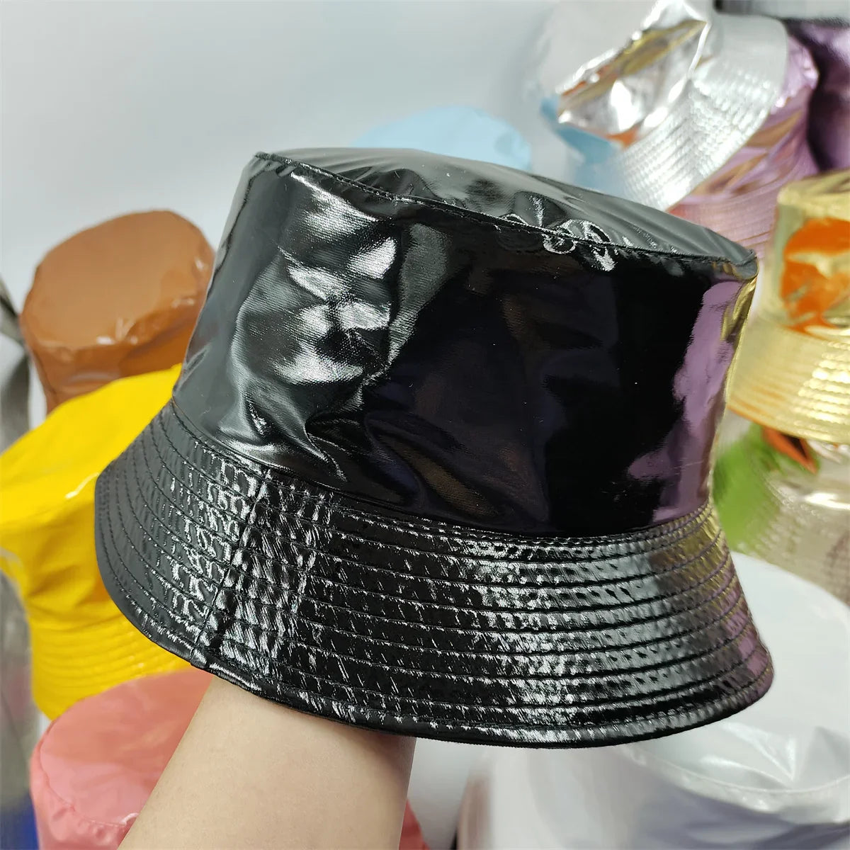 Colorful Shiny Leather Two Sided Fisherman Hat Women's and Men's Hip Hop Summer Sunshade Hat Foldable Bucket Hat