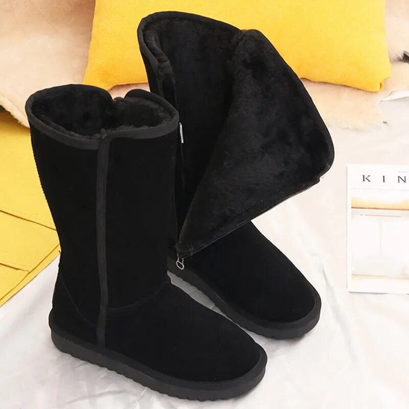 Women Leather Warm Snow Boots Causal Plush Fluffy Anti-cold Zipper Boots