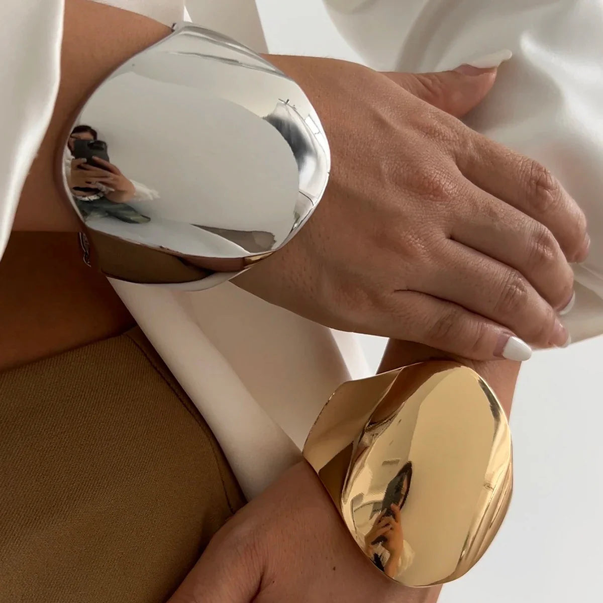 KunJoe Fashion Design Smooth Gold Color Chunky Spring Bangles for Women Exaggerated Geometric Wide Open Cuff Bracelet Unisex Men