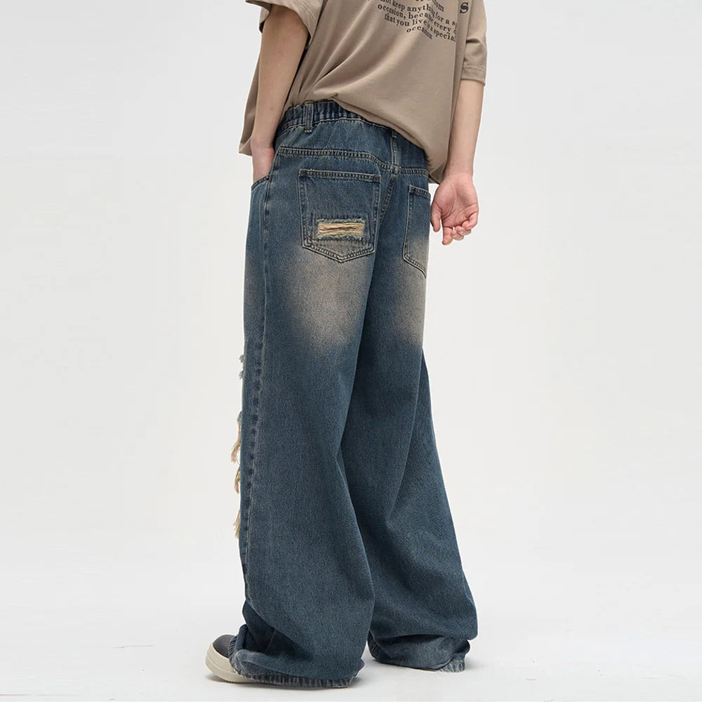 Men's Ripped Black Jeans Harajuku Wide Leg Pants Denim Baggy Y2K Cargo Pants