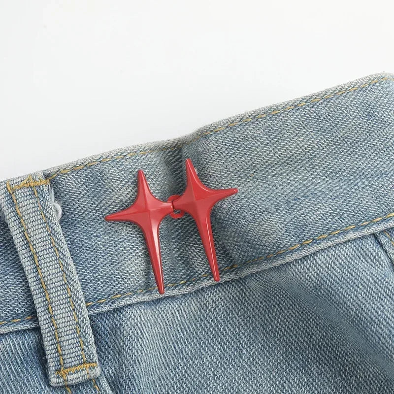 1Pair Cross Star Waist Buckle Adjustable Detachable Pants Clips Waist Tightener Nail-free Metal Button Snaps for Jeans Decor