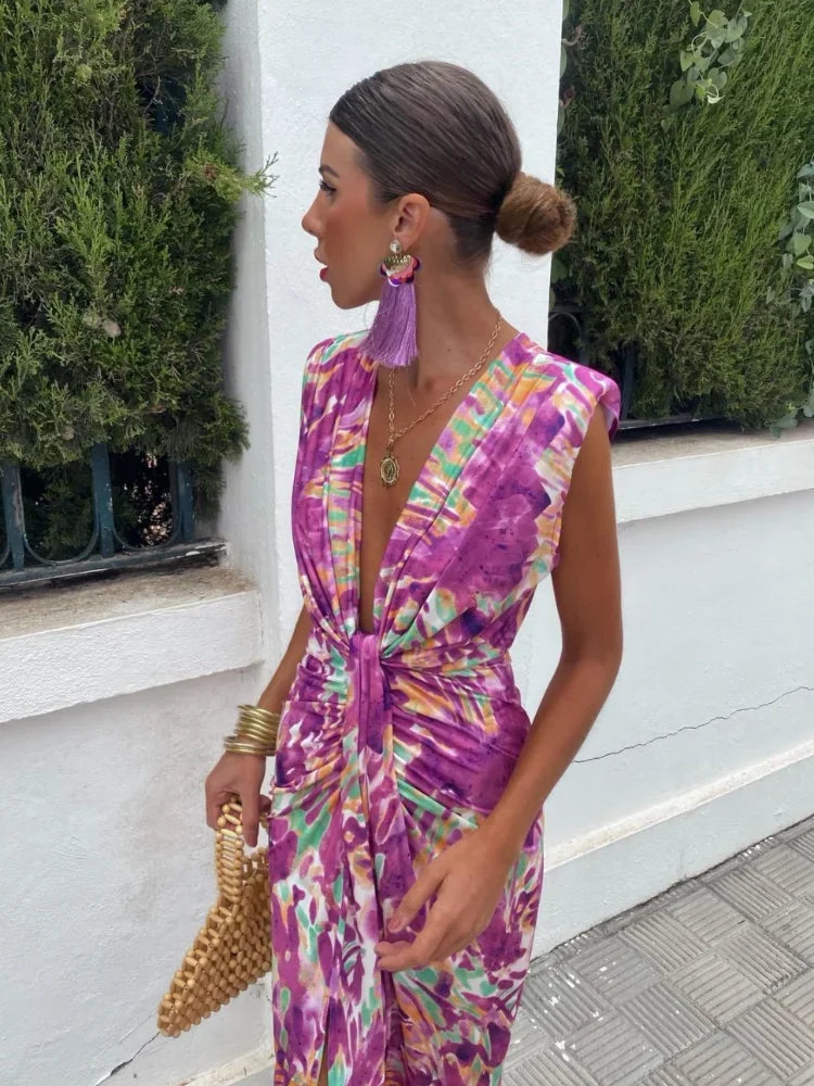 Formal attire Dresses: Printed Maxi Dress Chic Deep V Neck Sleeveless