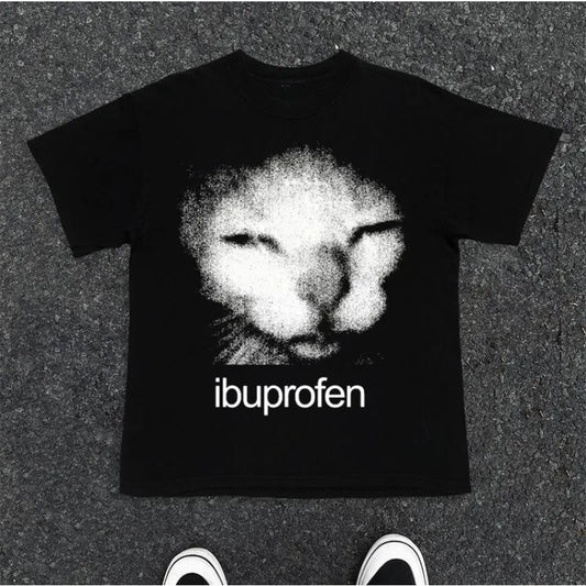 2025 Vintage Funny Ibuprofen Cat Meme Graphic T Shirt Men Women Humor Fashion Y2k Tops Tee Oversized Casual Streetwear T-shirts