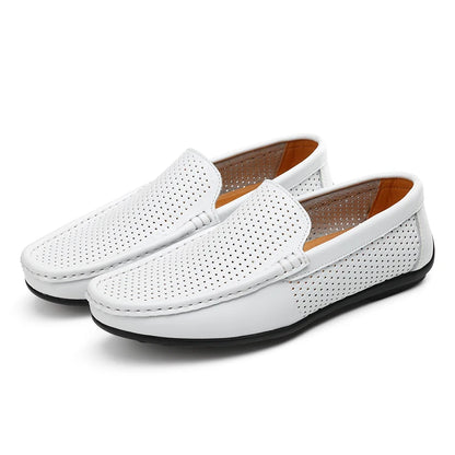 Summer Mens Shoes Casual Luxury Brand Genuine Leather Men Loafers Hollow Out Breathable Driving Shoes White Slip On Moccasins