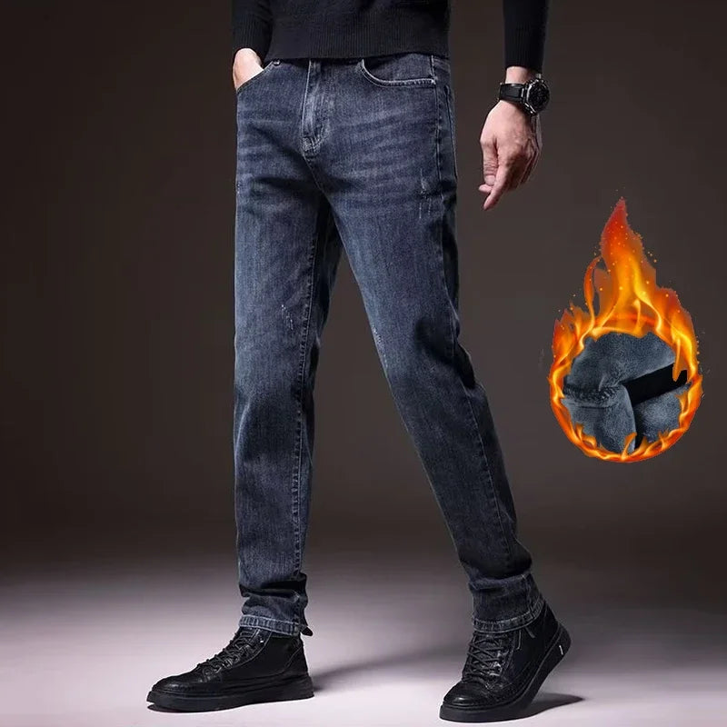 Men's Winter Thermal Korean Slim Fit Denim Pants Snow Warm Plush Thicken Trousers