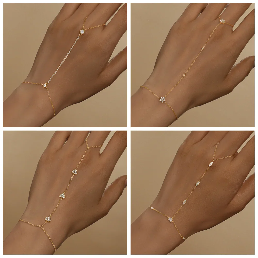 ROXI 925 Sterling Silver Heart/Star Zircon Bracelet With Finger Design For Women Hand Chain Accessories Party Jewelry Gift