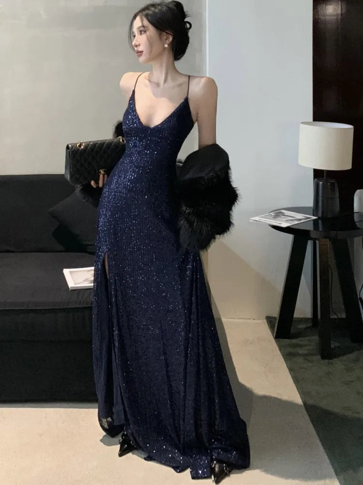Evening wear Dresses: Women's Backless V-Neck Split Maxi Dress Slim Evening Gown