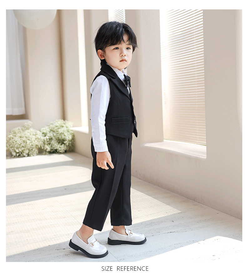 3Pcs Children Boys Black Blue Wedding Suit Teenager Kids Boy Piano Ceremony Tuxedo Suit Formal Vest Shirt Pants Bow Kid Boy Suit